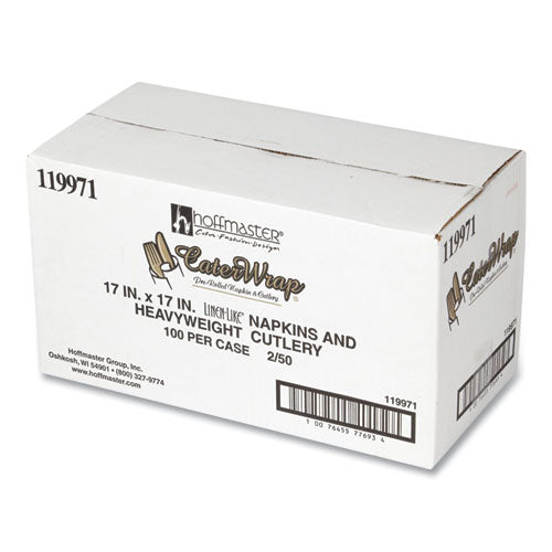 Image of Hoffmaster® 119971 CaterWrap Heavyweight Cutlery Combo Kit, Fork/Knife/Napkin/Spoon, Plastic, Black, 100/Carton