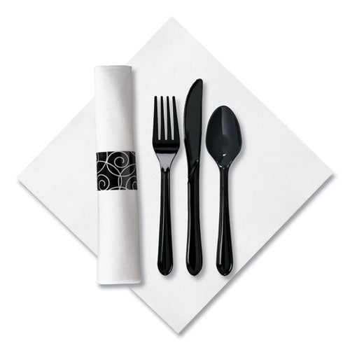 Image of Hoffmaster® 119971 CaterWrap Heavyweight Cutlery Combo Kit, Fork/Knife/Napkin/Spoon, Plastic, Black, 100/Carton
