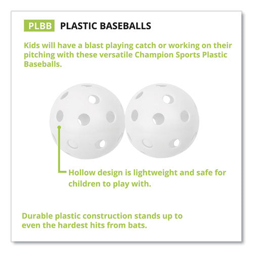 Image of Champion Sports Plastic Baseballs, 9" Diameter, White, 12/set