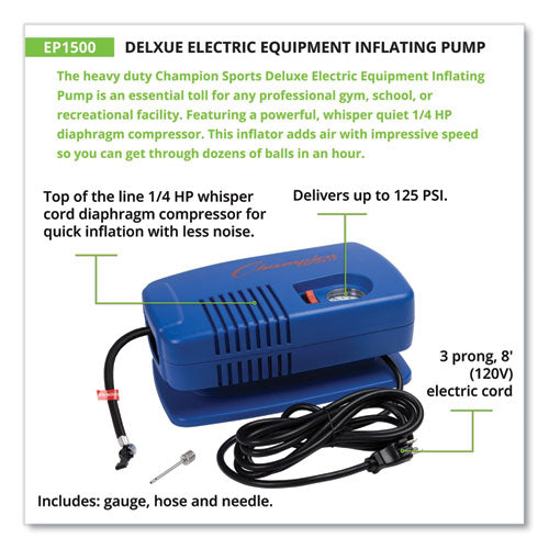 Image of Champion Sports EP1500 Electric Inflating Pump With Gauge, Hose And Needle, 0.25 Hp Compressor, 50 Psi, 8 Ft Cord