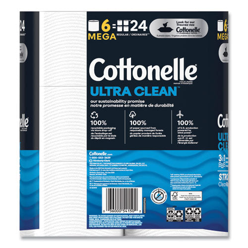 Image of Cottonelle® 55699 Ultra CleanCare Toilet Paper, Strong Tissue, Septic Safe, 1-Ply, White, 284 Sheets/Roll, 6 Rolls/Pack, 36 Rolls/Carton
