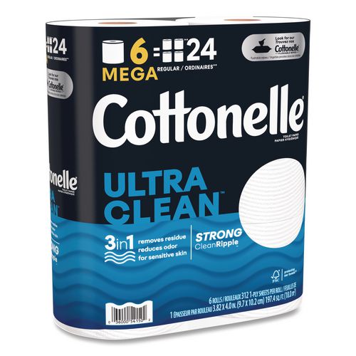 Image of Cottonelle® 55699 Ultra CleanCare Toilet Paper, Strong Tissue, Septic Safe, 1-Ply, White, 284 Sheets/Roll, 6 Rolls/Pack, 36 Rolls/Carton