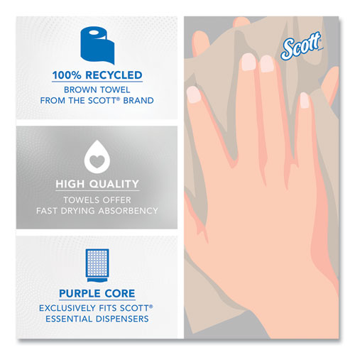 Image of Scott® 54038 Essential 100% Recycled Fiber Hard Roll Towel, 1-Ply, 8" x 700 ft, 1.5" Core, Brown, 6 Rolls/Carton