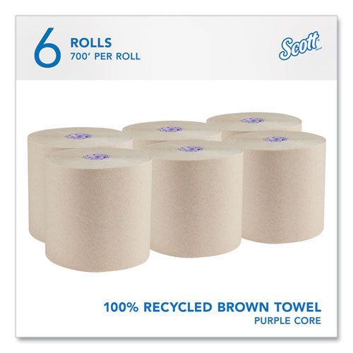 Image of Scott® 54038 Essential 100% Recycled Fiber Hard Roll Towel, 1-Ply, 8" x 700 ft, 1.5" Core, Brown, 6 Rolls/Carton