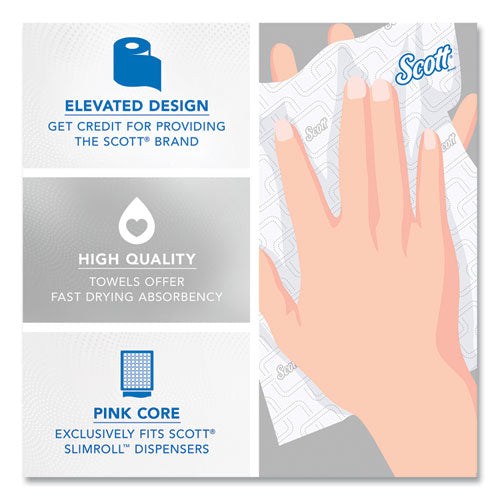 Image of Scott® 47032 Slimroll Towels, 1-Ply, 8" x 580 ft, White/Pink Core, Traditional Business, 6 Rolls/Carton