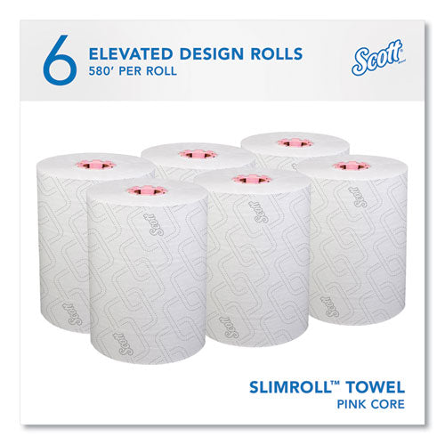 Image of Scott® 47032 Slimroll Towels, 1-Ply, 8" x 580 ft, White/Pink Core, Traditional Business, 6 Rolls/Carton