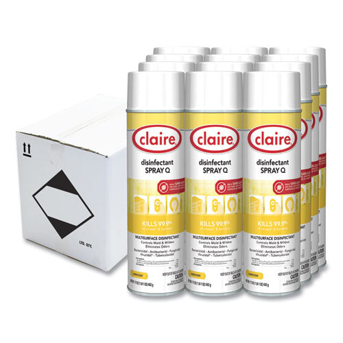 Image of Claire® CL1002 Spray Q Disinfectant, Lemon Scent, 17 oz Aerosol Spray, Dozen