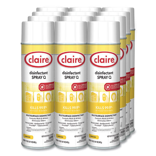 Image of Claire® CL1002 Spray Q Disinfectant, Lemon Scent, 17 oz Aerosol Spray, Dozen
