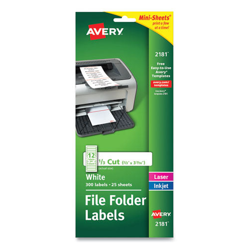 Image of Avery® 02181 Mini-Sheets Permanent File Folder Labels, 0.66 X 3.44, White, 12/sheet, 25 Sheets/pack