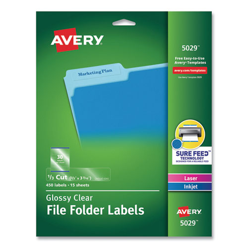 Image of Avery® 05029 Clear Permanent File Folder Labels With Sure Feed Technology, 0.66 X 3.44, Clear, 30/sheet, 15 Sheets/pack