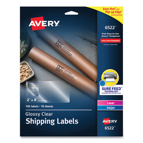 Image of Avery® 06522 Glossy Clear Easy Peel Mailing Labels W/ Sure Feed Technology, Inkjet/laser Printers, 2 X 4, Clear, 10/sheet, 10 Sheets/pack