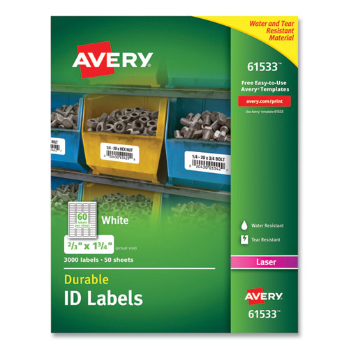 Image of Avery® 61533 Durable Permanent Id Labels With Trueblock Technology, Laser Printers, 0.66 X 1.75, White, 60/sheet, 50 Sheets/pack