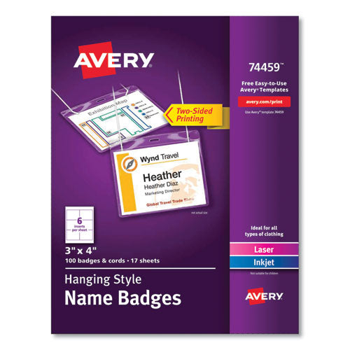 Image of Avery® 74459 Necklace-Style Badge Holder W/laser/inkjet Insert, Top Load, 4 X 3, We, 100/box