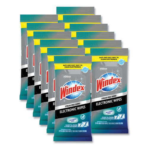 Image of Windex® 319248 Electronics-Cleaner Wipes, 1-Ply, 7 x 10, Neutral Scent, White, 25/Pack, 12 Packs/Carton