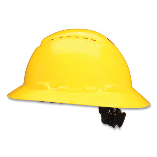 Image of 3M H-802SFV-UV SecureFit H-800 Series Hard Hat with UVicator, Vented, Full Brim, 4-Point Pressure Diffusion, One Size Fits Most, Yellow