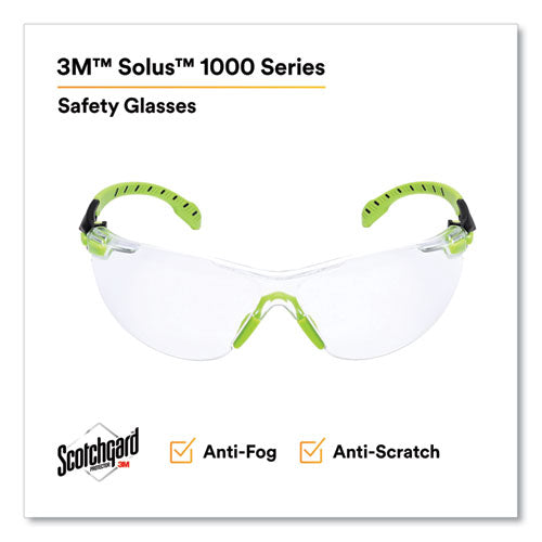 Image of 3M S1201SGAF Solus 1000 Series Safety Glasses, Frameless, Black/Green Arms, Clear Single Lens