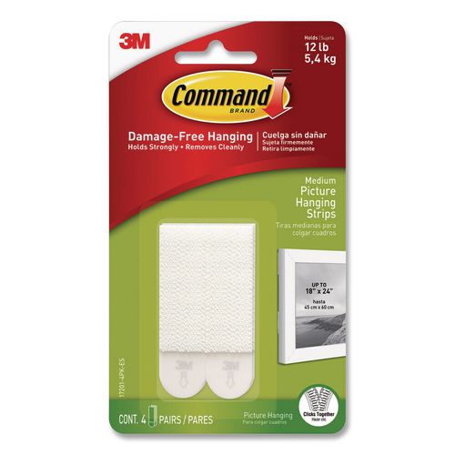 Image of Command 172014PKES Damage-Free Hanging Picture Hanging Strip Pairs, Holds Up to 2.5 lb, Medium: 0.75" x 2.75", 4/Pack