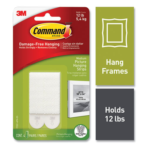 Image of Command 172014PKES Damage-Free Hanging Picture Hanging Strip Pairs, Holds Up to 2.5 lb, Medium: 0.75" x 2.75", 4/Pack