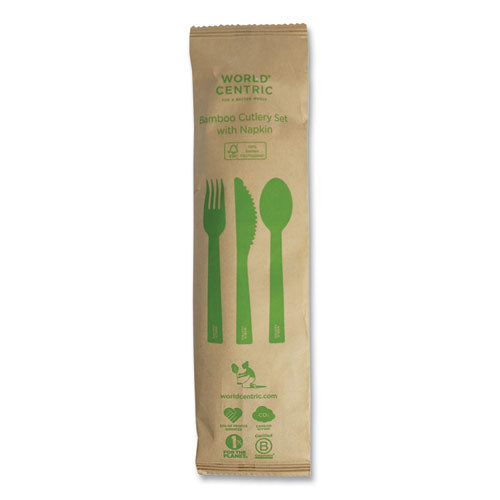 Image of World Centric® AS-BB-TN Bamboo Cutlery, Fork/Knife/Napkin/Spoon, Paper, Natural, 250/Carton