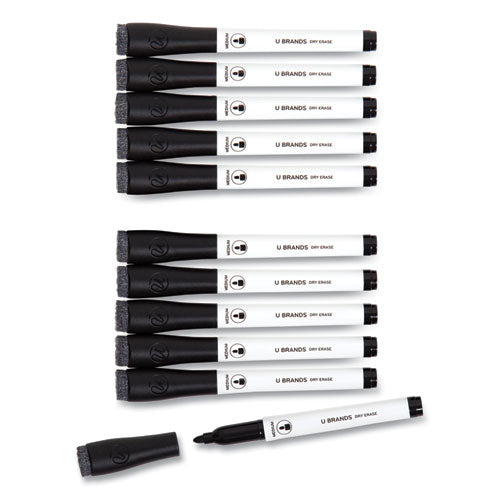 Image of U Brands 2922U00-12 Medium Point Low-Odor Dry-Erase Markers With Erasers, Medium Bullet Tip, Black, Dozen