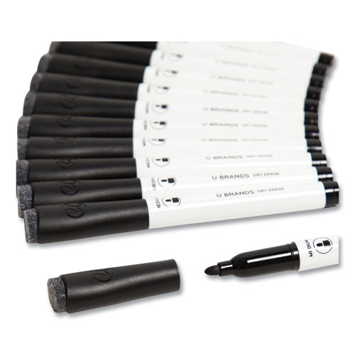 Image of U Brands 2922U00-12 Medium Point Low-Odor Dry-Erase Markers With Erasers, Medium Bullet Tip, Black, Dozen