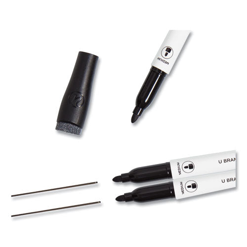 Image of U Brands 2922U00-12 Medium Point Low-Odor Dry-Erase Markers With Erasers, Medium Bullet Tip, Black, Dozen