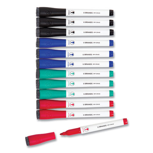Image of U Brands 3980U00-12 Medium Point Low-Odor Dry-Erase Markers With Erasers, Medium Bullet Tip, Assorted Colors, 12/pack