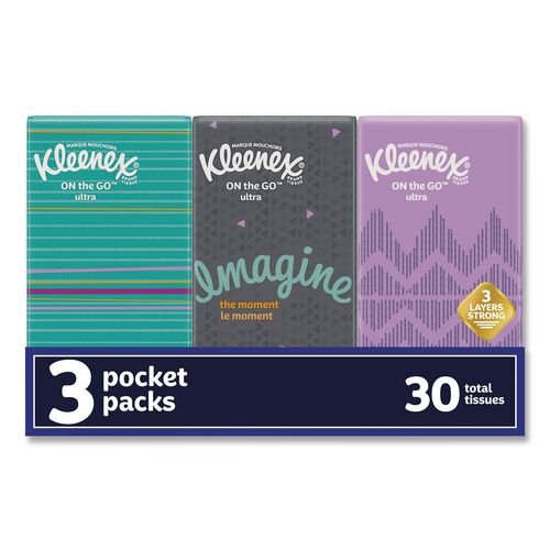 Image of Kleenex® 11976 On The Go Packs Facial Tissues, 3-Ply, White, 10 Sheets/Pouch, 3 Pouches/Pack, 36 Packs/Carton