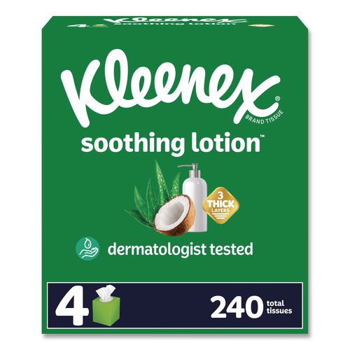 Image of Kleenex® 54289 Soothing Lotion Facial Tissue, 3-Ply, White, 60 Sheets/Box, 4 Boxes/Pack, 8 Packs/Carton