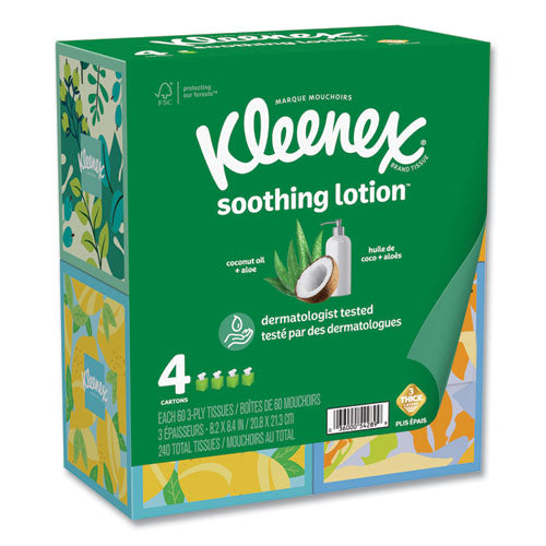 Image of Kleenex® 54289 Soothing Lotion Facial Tissue, 3-Ply, White, 60 Sheets/Box, 4 Boxes/Pack, 8 Packs/Carton