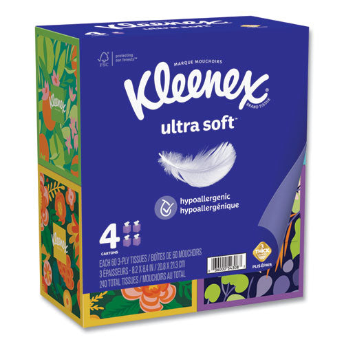 Image of Kleenex® 54308 Ultra Soft Facial Tissue, 3-Ply, White, 60 Sheets/Box, 4 Boxes/Pack, 12 Packs/Carton