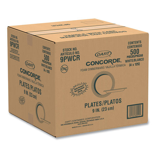 Image of Dart® 9PWCR Concorde Non-Laminated Foam Plates, 9" Dia, White, 125/pack