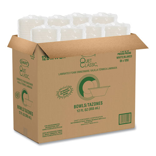 Image of Dart® 12BWWQR Quiet Classic Laminated Foam Dinnerware Bowls, 10 To 12 Oz, White, 125/pack, 8 Packs/carton