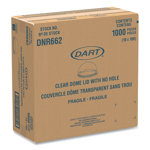 Image of Dart® DNR662 Plastic Dome Lid, No-Hole, Fits 9 oz to 22 oz Hot Cups, Clear, 100/Sleeve, 10 Sleeves/Carton