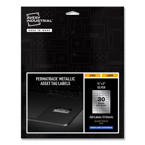 Image of Avery® 61524 Permatrack Metallic Asset Tag Labels, Laser Printers, 0.75 X 2, Metallic Silver, 30/sheet, 8 Sheets/pack