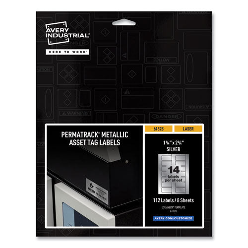 Image of Avery® 61528 Permatrack Metallic Asset Tag Labels, Laser Printers, 1.25 X 2.75, Silver, 14/sheet, 8 Sheets/pack
