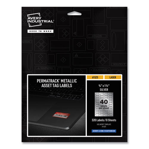 Image of Avery® 61523 Permatrack Metallic Asset Tag Labels, Laser Printers, 0.75 X 1.5, Metallic Silver, 40/sheet, 8 Sheets/pack