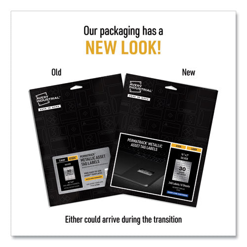 Image of Avery® 61524 Permatrack Metallic Asset Tag Labels, Laser Printers, 0.75 X 2, Metallic Silver, 30/sheet, 8 Sheets/pack