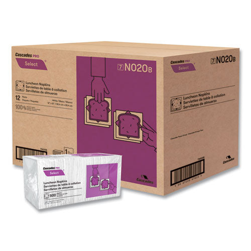 Image of Cascades PRO N020 Select Single Serve Luncheon Napkins, 1-Ply, 12 x 12, White, 500/Pack, 6,000/Carton