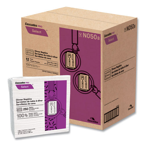 Image of Cascades PRO N050 Select Dinner Napkins, 1-Ply, 16 x 15, White, 250/Pack, 12/Carton