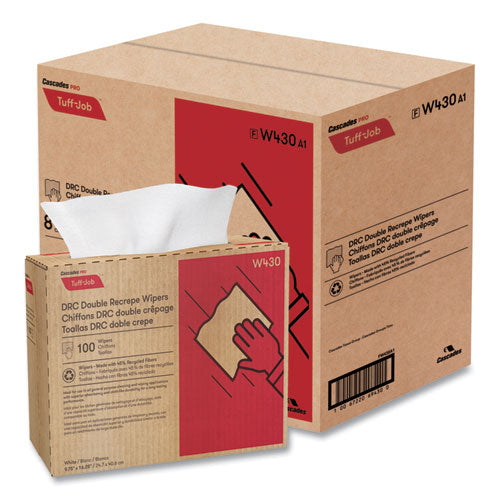 Image of Cascades PRO W430 Tuff-Job Double Recrepe Wipers, 9.75 X 16.5, White, 100/box, 8 Box/carton
