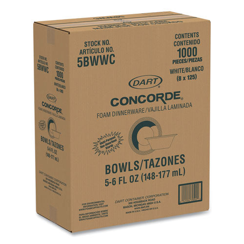 Image of Dart® 5BWWC Concorde Non-Laminated Foam Dinnerware, Bowl, 5 oz, White, 125/Pack, 8 Packs/Carton