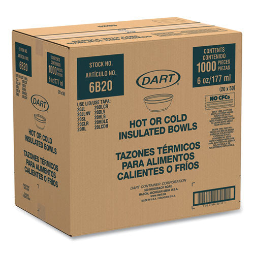 Image of Dart® 6B20 Insulated Foam Bowls, 6 Oz, White, 50/pack, 20 Packs/carton