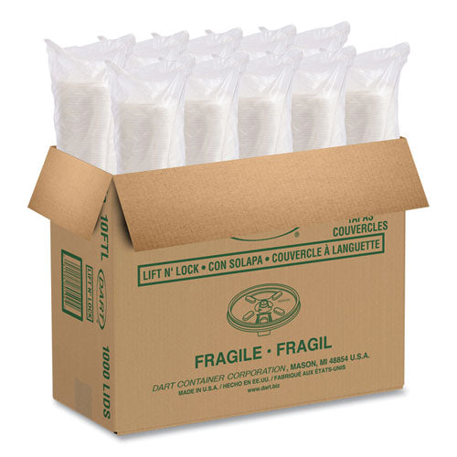 Image of Dart® 10FTL Lift n' Lock Plastic Hot Cup Lids, Fits 10 oz Hot Cups, White, 1,000/Carton