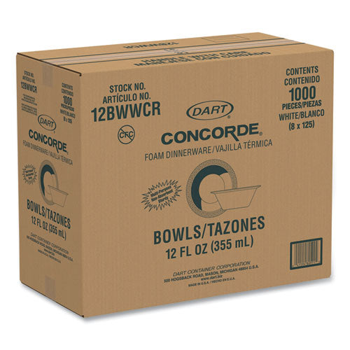 Image of Dart® 12BWWCR Concorde Foam Bowl, 10, 12 Oz, White, 125/pack, 8 Packs/carton
