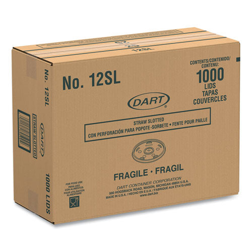 Image of Dart® 12SL Plastic Lids for Foam Cups/Bowls/Containers, Flat with Straw Slot, Fits 6 oz to 14 oz, Translucent, 100/Pack, 10 Packs/Carton