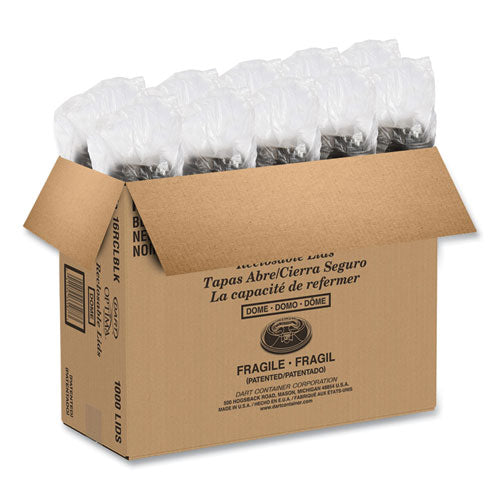 Image of Dart® 16RCLBLK Optima Reclosable Lid, Fits 12 oz to 24 oz Hot Cups, Plastic, Black, 100/Pack, 10 Packs/Carton