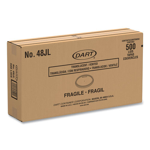 Image of Dart® 48JL Plastic Lids for Foam Containers, Flat, Vented, Fits 24 oz to 32 oz, Translucent, 100/Pack, 5 Packs/Carton