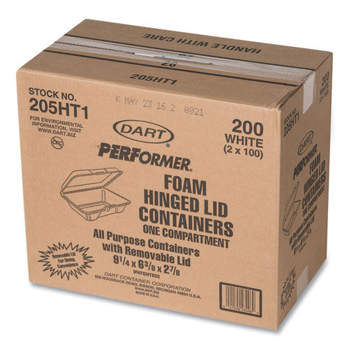 Image of Dart® 205HT1 Foam Hinged Lid Containers, 6.4 x 9.3 x 2.9, White, 100/Pack, 2 Packs/Carton