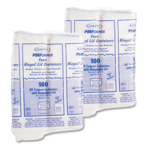 Image of Dart® 205HT1 Foam Hinged Lid Containers, 6.4 x 9.3 x 2.9, White, 100/Pack, 2 Packs/Carton